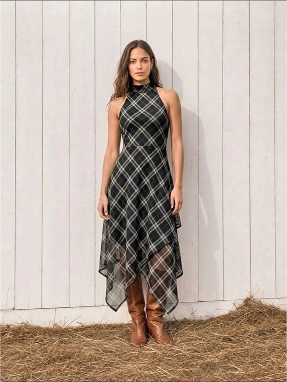 Women's Plaid Maxi Dress in Black & White NWT